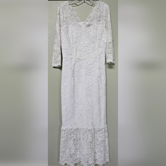 Allegra K Women's V Neck 3/4 Sleeve Lace Ruffle Bodycon Dress sz XS WHITE - Picture 2 of 8